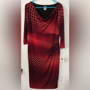 Anne Klein Dress Geometric Black & Red Cowl Neck Midi